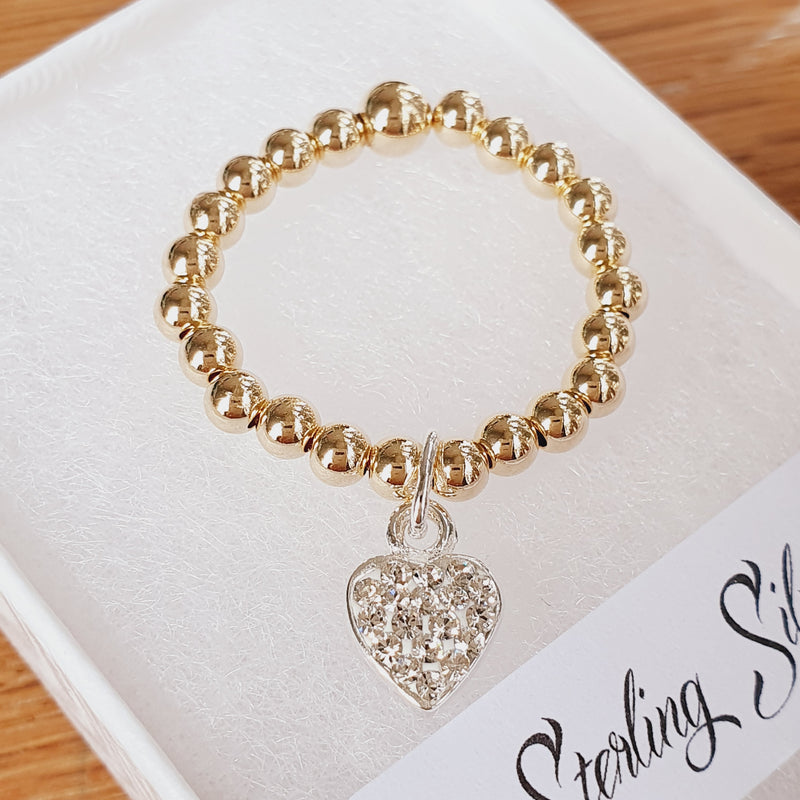 Gold & Silver Cz Sparkly Heart Stretch Ring