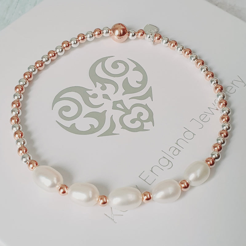 925 Silver & Rose Gold Freshwater Ivory Pearl Bracelet