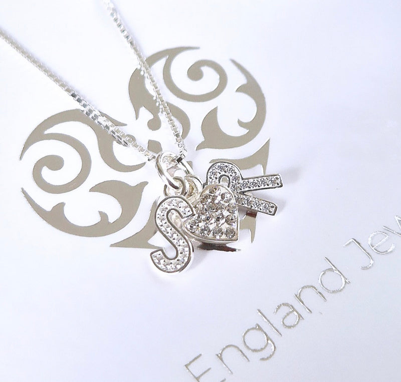 Sterling Silver Initial Crystal Heart Necklace