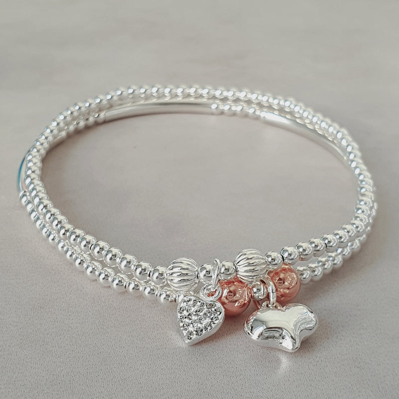 Sterling Silver Silver Heart Duo Bracelet Set