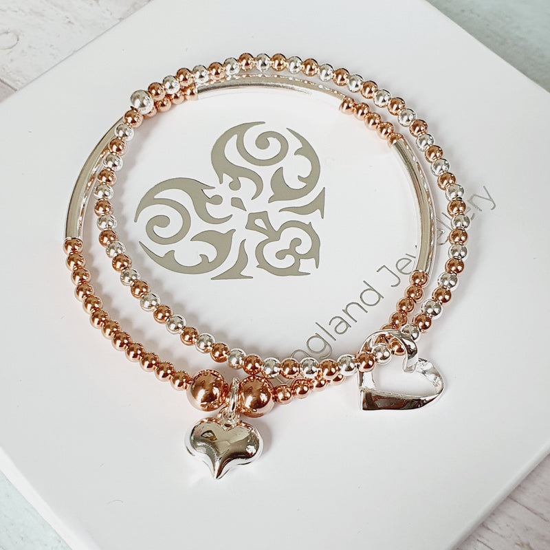 Rose Gold & Silver Duo Heart Bracelet Set