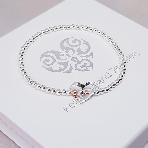 Sterling Silver & Rose Gold Floating Heart Bracelet